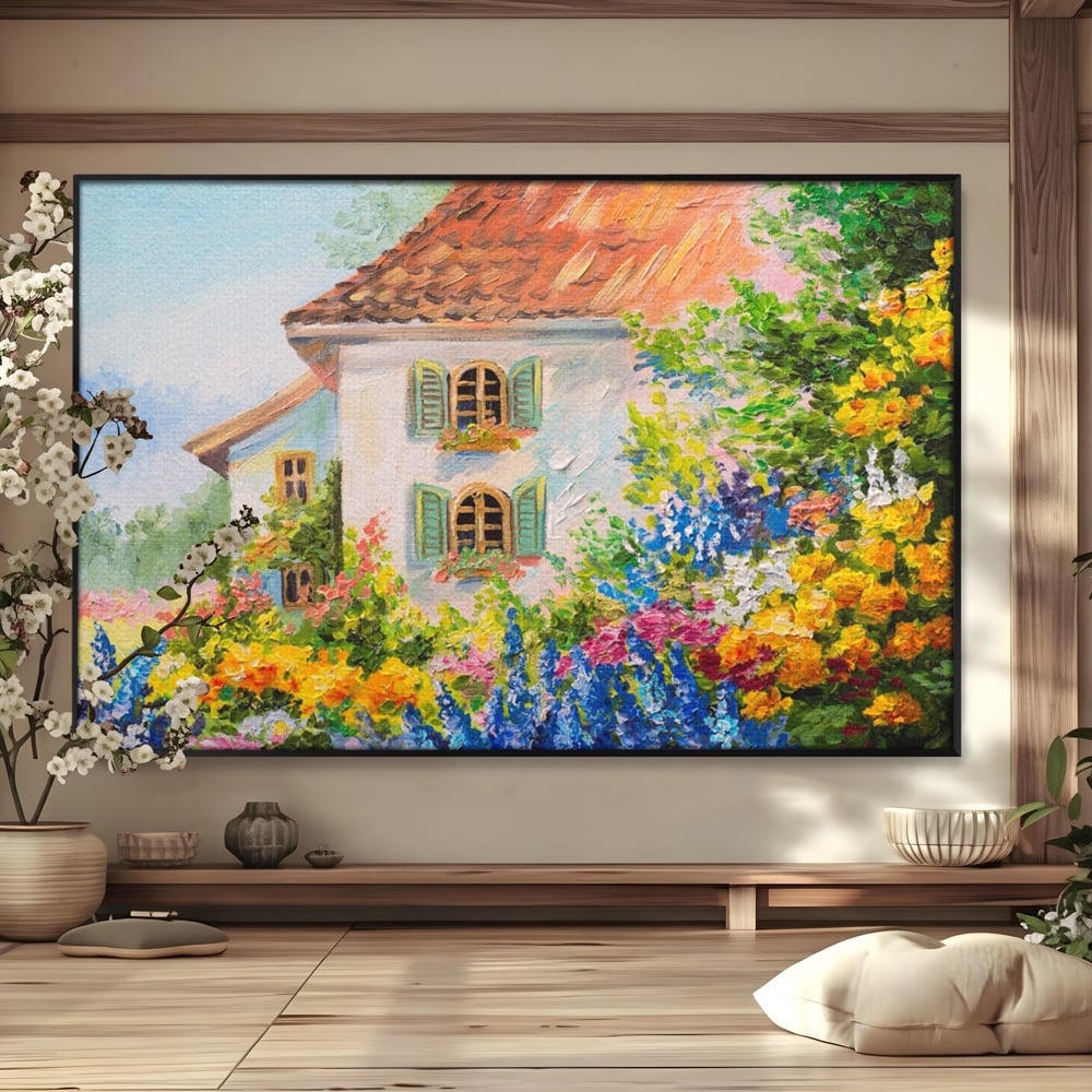 Tablou canvas cu pictura cu casa alba si flori, in rama de aluminiu negru